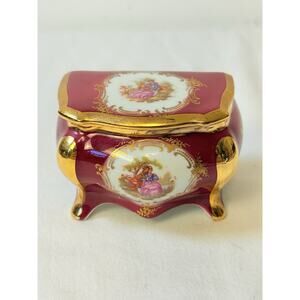 Vtg Porcelain SA Limoges Courting Couple Burgundy &Gold Trinket Box